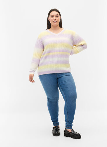 Randig tröja med v-ringning, Lavender Comb., Model image number 2