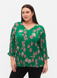 Plisserad blus med 3/4-ärmar, Jolly Green Flower, Model