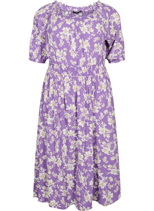 Blommig off-shoulder midiklänning i viskos, Purple Flower AOP, Packshot image number 0
