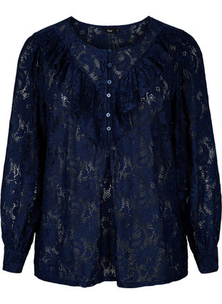 Blus i spets med volangdetaljer, Navy, Packshot image number 0