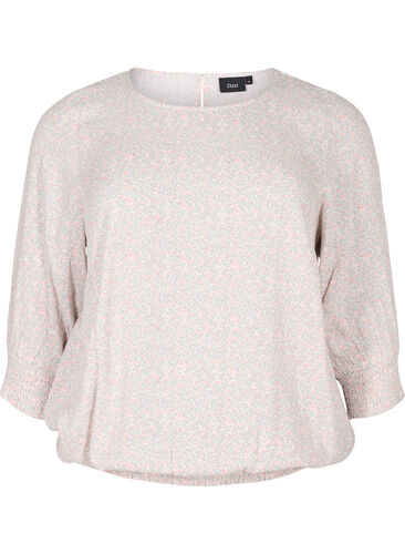 Blommig viskosblus med smock och 3/4-ärmar, White Ditsy AOP, Packshot image number 0