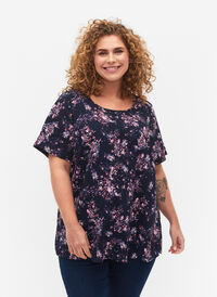 Blus med korta ärmar och tryck från FLASH, Navy Rose Flower, Model