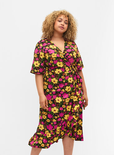 Tryckt omlottklänning med korta ärmar, Yellow Pink Flower, Model image number 0