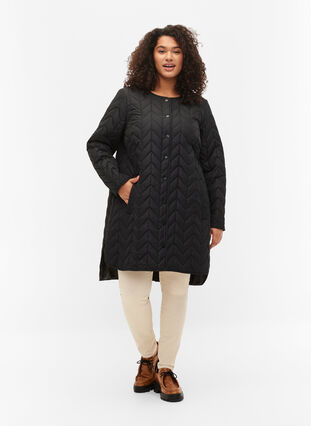 Quiltad jacka med knappar, Black, Model image number 2