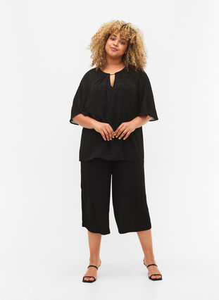 Kortärmad blus med struktur, Black, Model image number 2