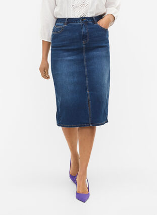 Knälång jeanskjol med slits, Dark blue denim, Model image number 2
