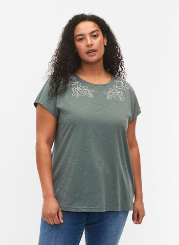 T-shirt i bomull med tryck, Balsam Green Leaf, Model image number 0