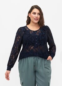 Blus i spets med volangdetaljer, Navy, Model