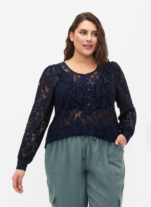 Blus i spets med volangdetaljer, Navy, Model image number 0