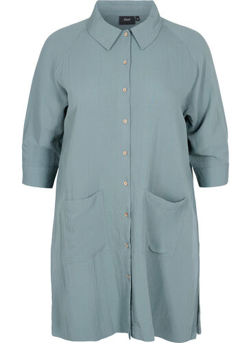 Lång viskosskjorta med fickor och 3/4-ärmar, Balsam Green, Packshot image number 0