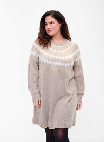 Stickad klänning med ull och mönster, Simply Taupe Comb, Model image number 0
