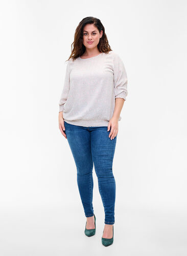 Blommig viskosblus med smock och 3/4-ärmar, White Ditsy AOP, Model image number 2
