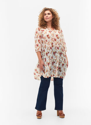 FLASH - Tryckt tunika med 3/4-ärmar, Off White Flower, Model image number 2