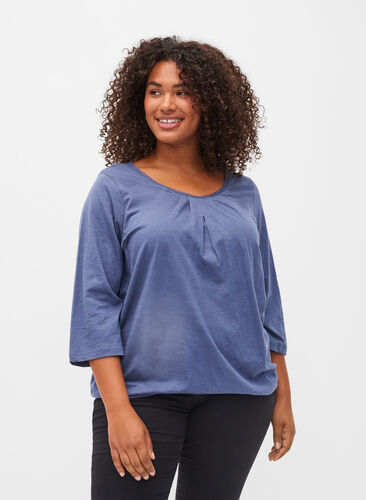 Bomullsblus med 3/4-ärmar, Vintage Indigo, Model image number 0
