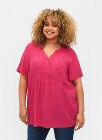 Blus i viskos med veck och korta ärmar, Beetroot Purple, Model