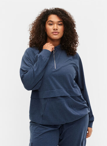 Sweatshirt med dragkedja och ficka, Insignia Blue Mel. , Model image number 0