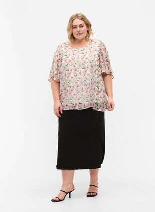 Blus i blommönster och slits vid ärm, Flower AOP, Model image number 2
