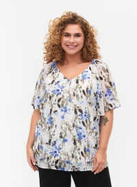 Mönstrad blus med korta ärmar, Blue Flower AOP, Model