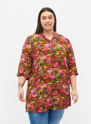 Blommig viskostunika med 3/4-ärmar, Neon Flower Print, Model image number 0