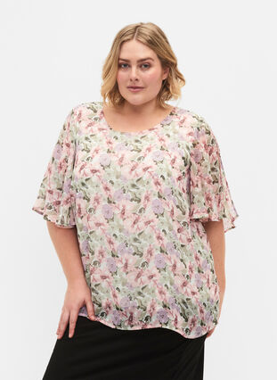 Blus i blommönster och slits vid ärm, Flower AOP, Model image number 0
