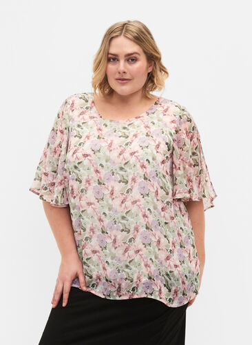 Blus i blommönster och slits vid ärm, Flower AOP, Model image number 0