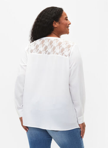 Långärmad blus med spetsdetalj , Bright White, Model image number 1