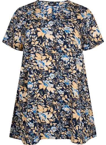 V-ringad tunika med tryck från FLASH, Brown Blue Flower, Packshot image number 0