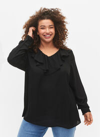 Långärmad blus med volang, Black, Model