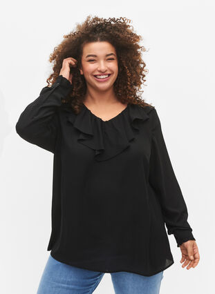 Långärmad blus med volang, Black, Model image number 0