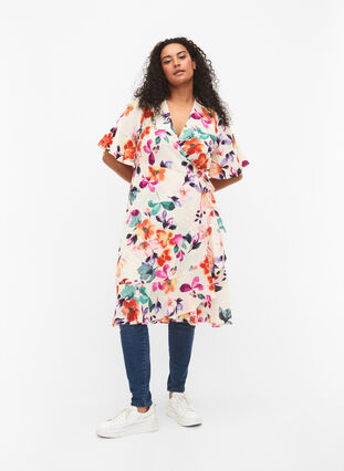 Blommig omlottklänning med 3/4-ärmar, Buttercream Flower, Model image number 0