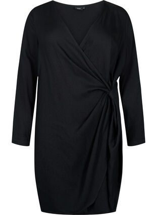 Långärmad viskosklänning med omlottlook, Black, Packshot image number 0