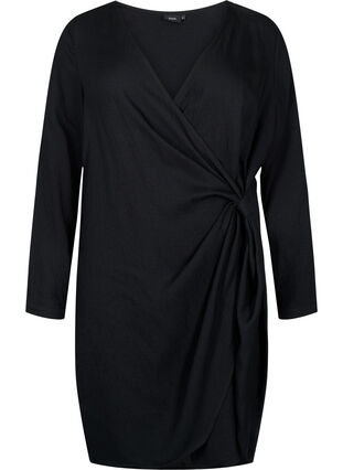 Långärmad viskosklänning med omlottlook, Black, Packshot image number 0