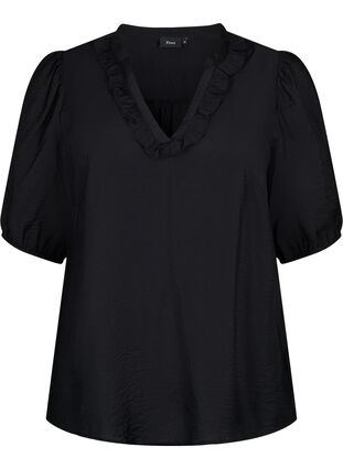 Blus i viskos med puffärm och volanger, Black, Packshot image number 0