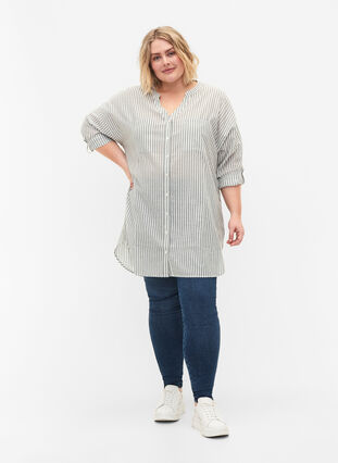 Randig tunika med V-ringad hals och knappar, Balsam Green Stripe, Model image number 2