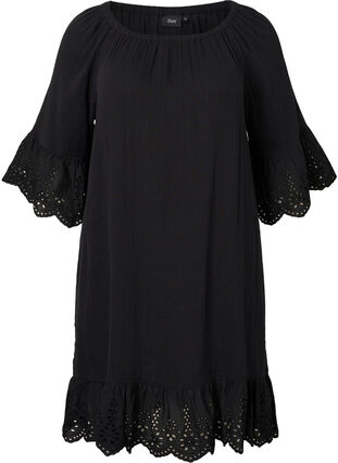 Bomullsklänning med broderi anglaise, Black, Packshot image number 0