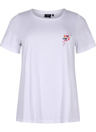 T-shirt i bomull med tryck framtill, Bright White FLOWER, Packshot image number 0