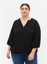 Blus med smock och 3/4-ärmar, Black, Model