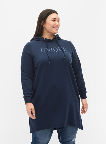 Sweatshirtklänning med huva och slits, Navy Blazer, Model image number 0