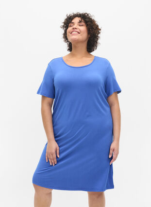 Kortärmad viskosklänning med detalj på ryggen, Dazzling Blue, Model image number 0