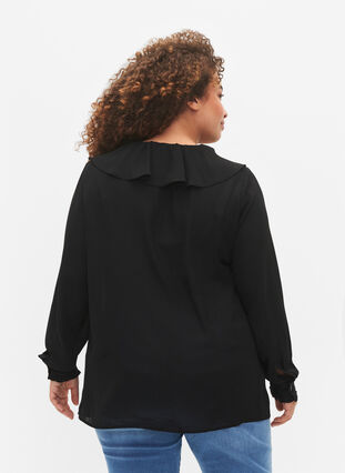 Långärmad blus med volang, Black, Model image number 1
