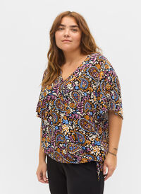 Paisleymönstrad omlott-blus med korta ärmar, Black G. Sky Paisley, Model