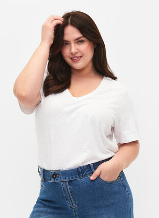 V-ringad bas t-shirt med korta ärmar, Bright White, Model image number 0