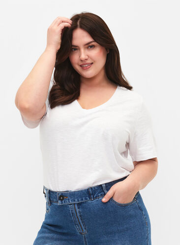 V-ringad bas t-shirt med korta ärmar, Bright White, Model image number 0