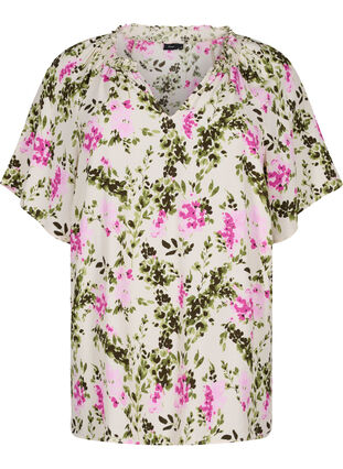 Viskosblus med korta ärmar, Green Pink AOP, Packshot image number 0