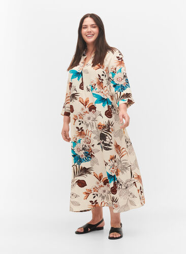 Blommig skjortklänning i viskos, Brown Flower AOP, Model image number 0