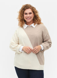 Stickad blus med rund hals och färgblockering, Simply Taupe Comb, Model