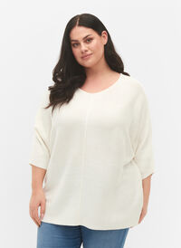Stickad blus med 3/4-ärmar, Cloud Dancer, Model