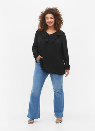 Långärmad blus med volang, Black, Model image number 2