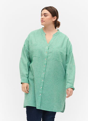 Randig bomullsskjorta med 3/4-ärmar, Jolly Green Stripe, Model image number 0