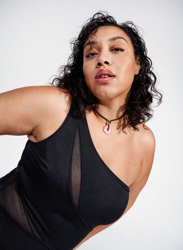 One-shoulder baddräkt med mesh, Black, Image image number 0